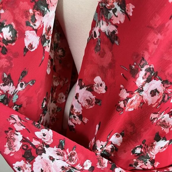 KUT From The Kloth Shirt Top L Roll Tab Sheer Colorful Floral Red Faux Wrap - Picture 5 of 8
